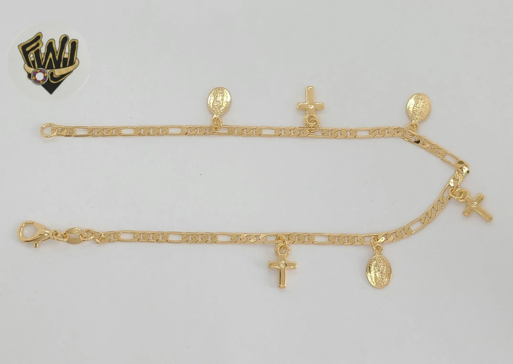 (1-0092) Gold Laminate - 3mm Figaro Link Religious Charms Anklet - 10 - BGF