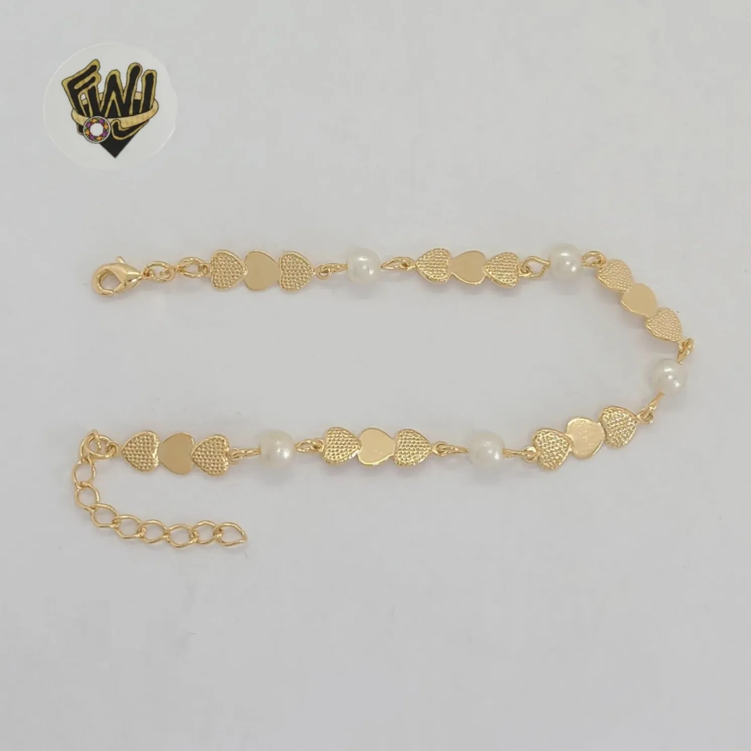 (1-0768) Gold Laminate - 5mm Heart and Pearls Link Bracelet - 6.5 - BGF