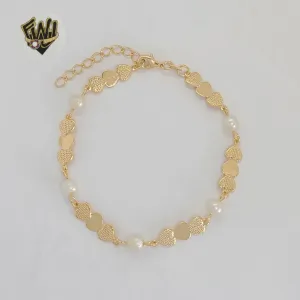 (1-0768) Gold Laminate - 5mm Heart and Pearls Link Bracelet - 6.5 - BGF