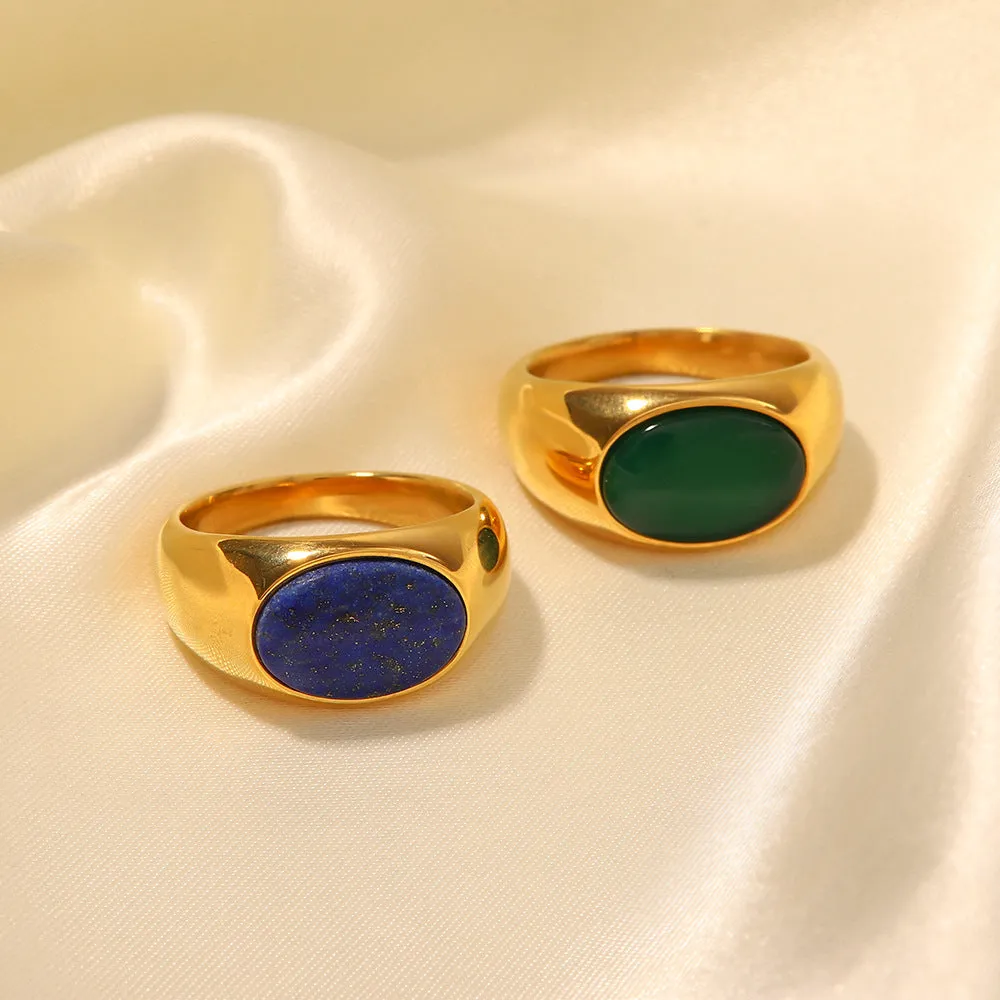 18K Gold Exquisitely Inlaid Oval Natural Chrysoprase Versatile Ring