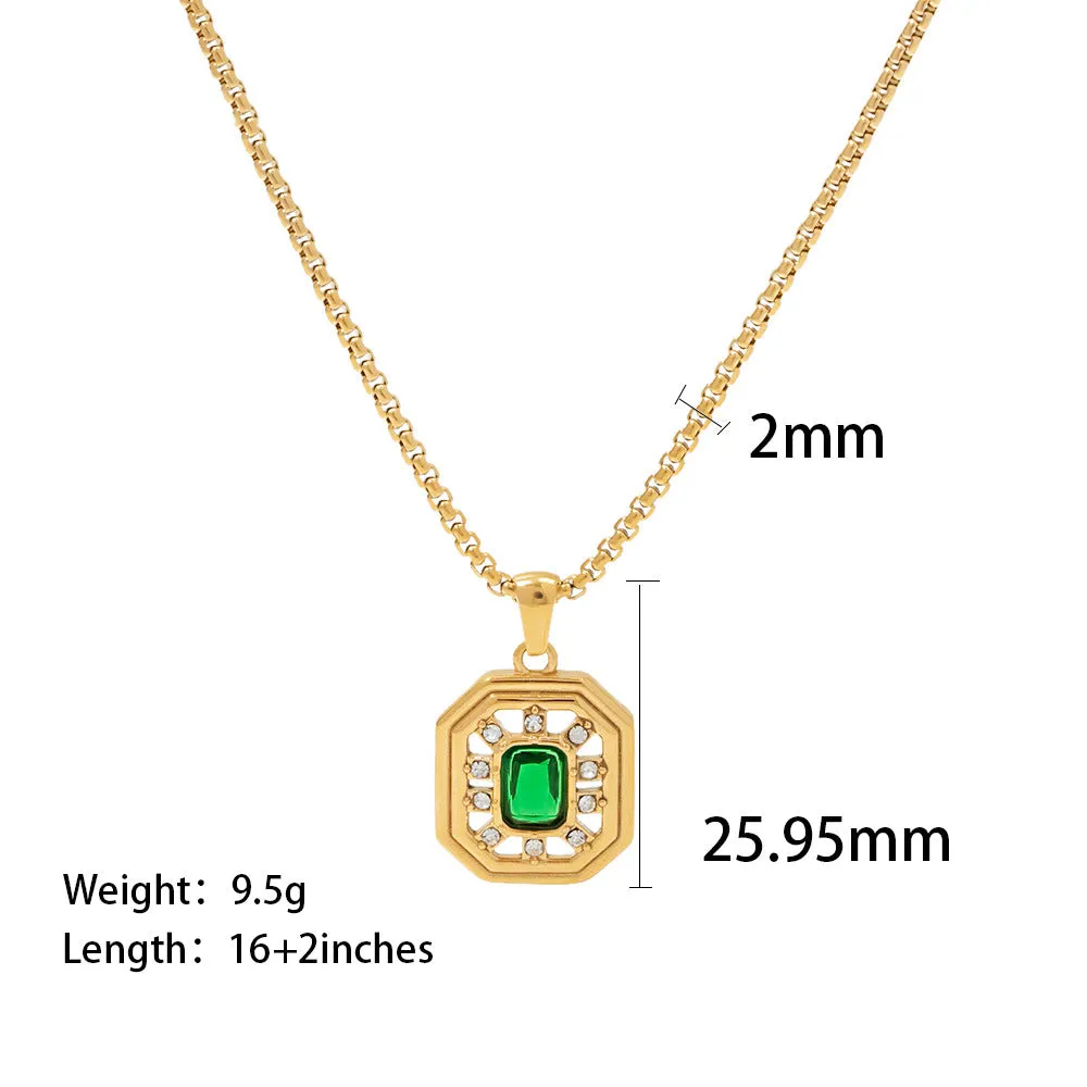 18K gold plated inlaid green zircon simple versatile necklace