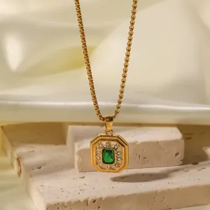 18K gold plated inlaid green zircon simple versatile necklace