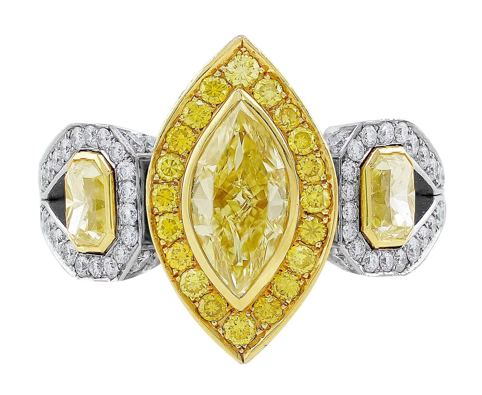 18k Yellow Gold Platinum Fancy Yellow Marquise and Pave Diamond Ring, GIA Certified