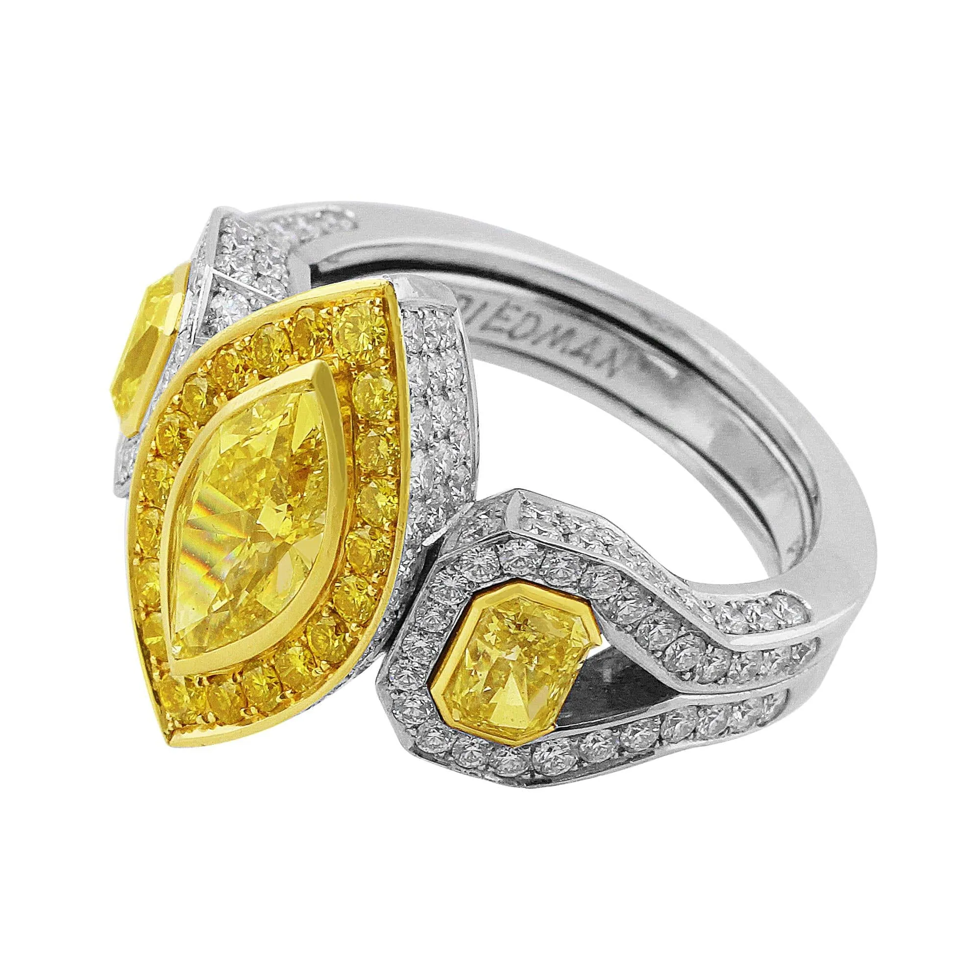 18k Yellow Gold Platinum Fancy Yellow Marquise and Pave Diamond Ring, GIA Certified