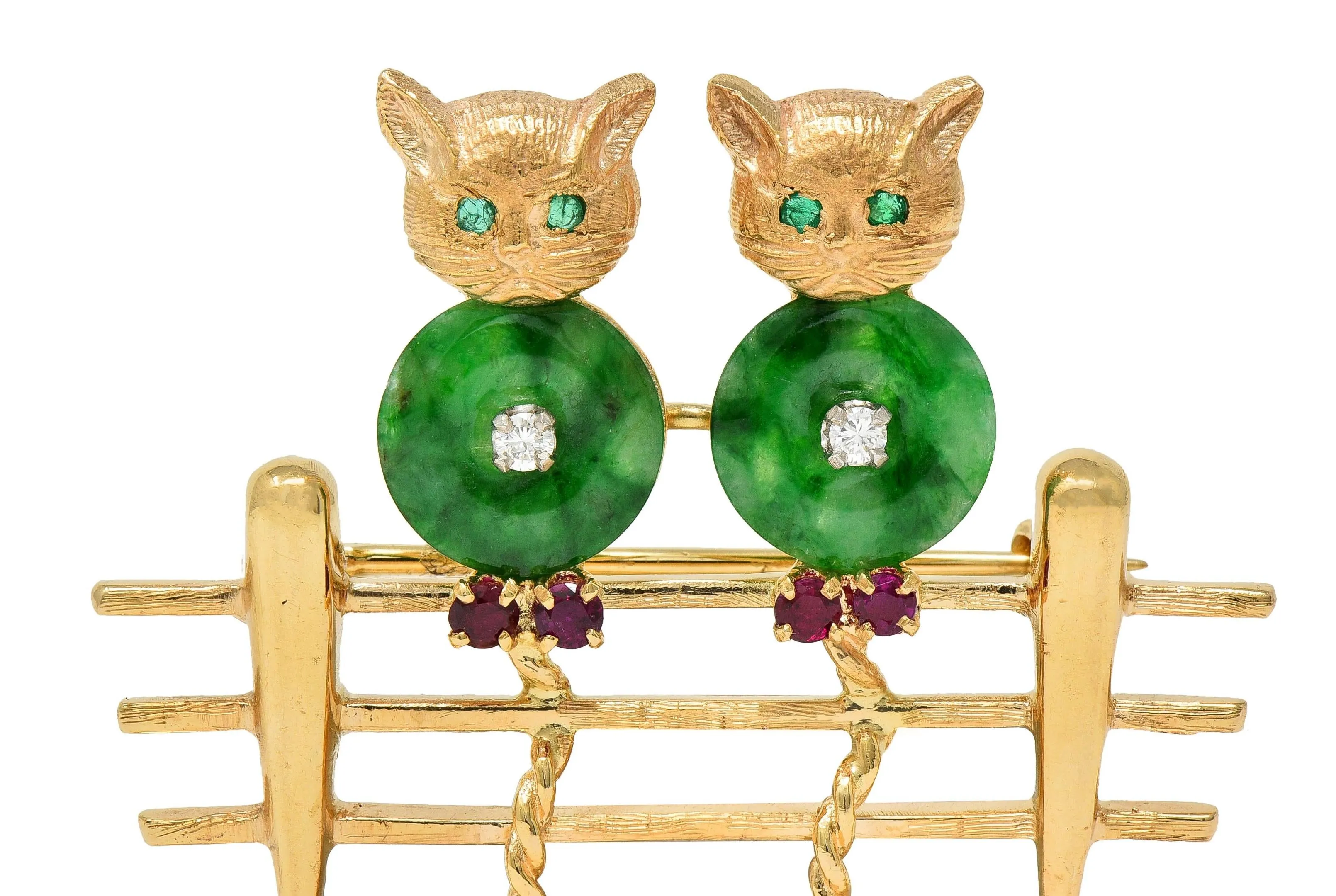 1960's Jade Diamond Ruby Emerald 14 Karat Yellow White Gold Vintage Cats On A Fence Brooch