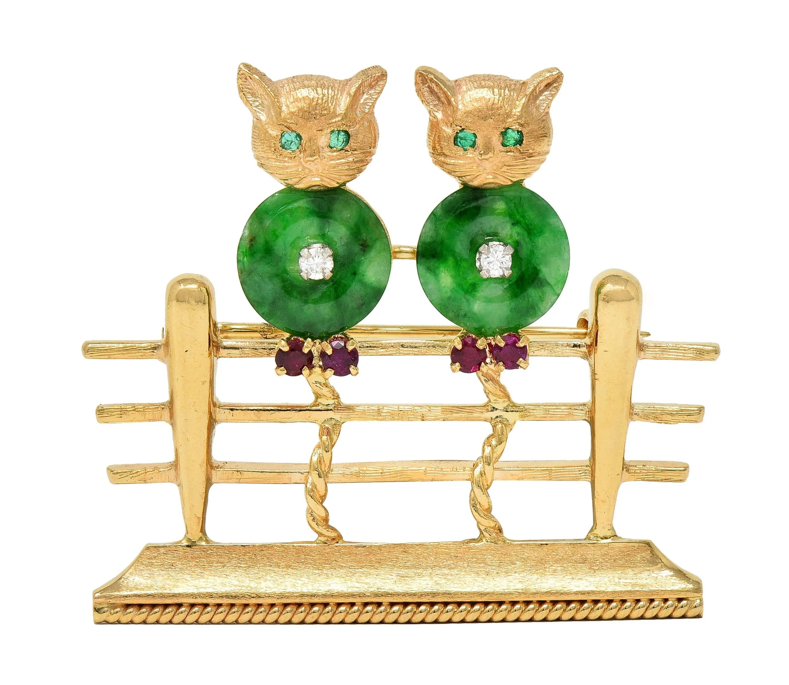 1960's Jade Diamond Ruby Emerald 14 Karat Yellow White Gold Vintage Cats On A Fence Brooch