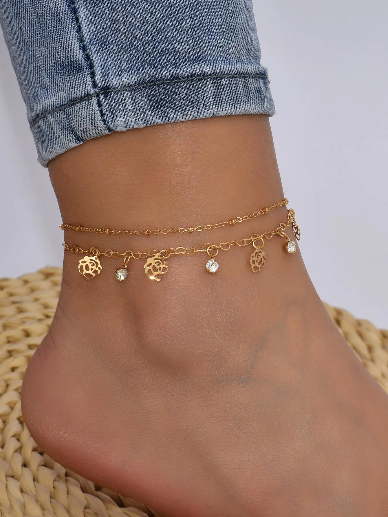 1pc Fashion Zinc Alloy Rhinestone & Rose Pendant Anklet Chain For Women For Travel