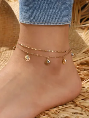 1pc Fashionable Zinc Alloy Tree Detail Round & Rhinestone Charm Layered Anklet For Women For Daily Decoration