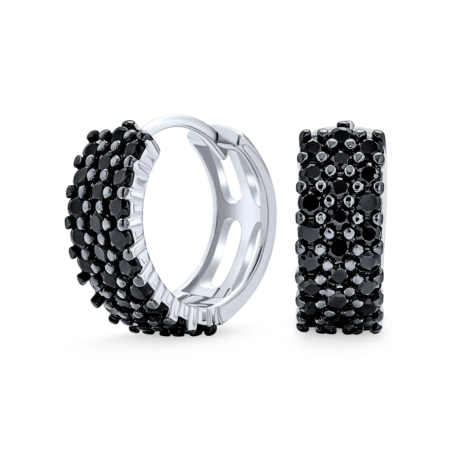 Black Cubic Zirconia Huggie Hoop Earrings .925 Sterling Silver