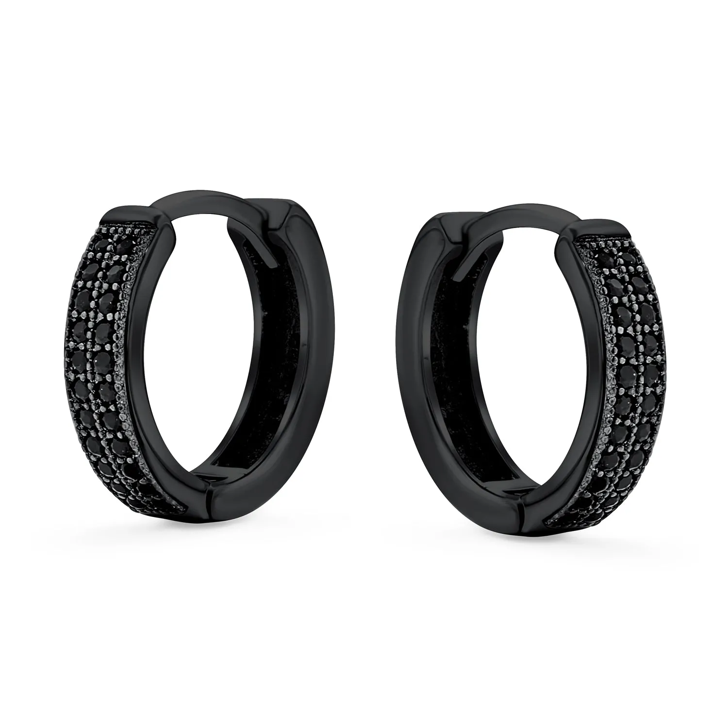 Black Cubic Zirconia Huggie Hoop Earrings .925 Sterling Silver