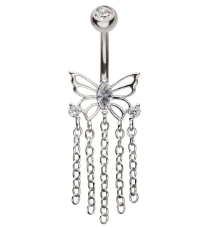 Butterfly Dangle Chains Clear CZ Stainless Steel Belly Button Ring