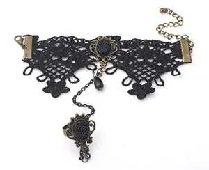 Electomania Black Lacy Hand Harness with Finger Ring Bracelet for Women