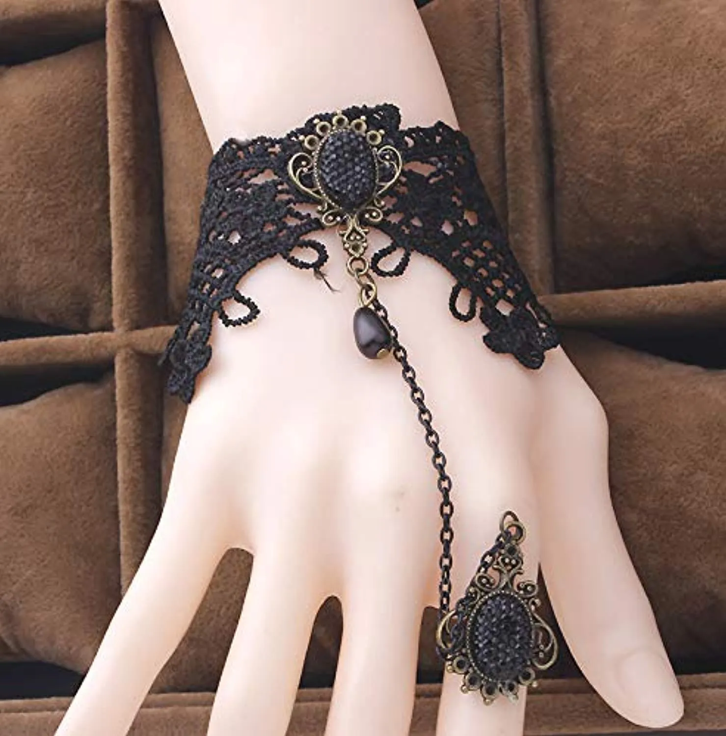 Electomania Black Lacy Hand Harness with Finger Ring Bracelet for Women