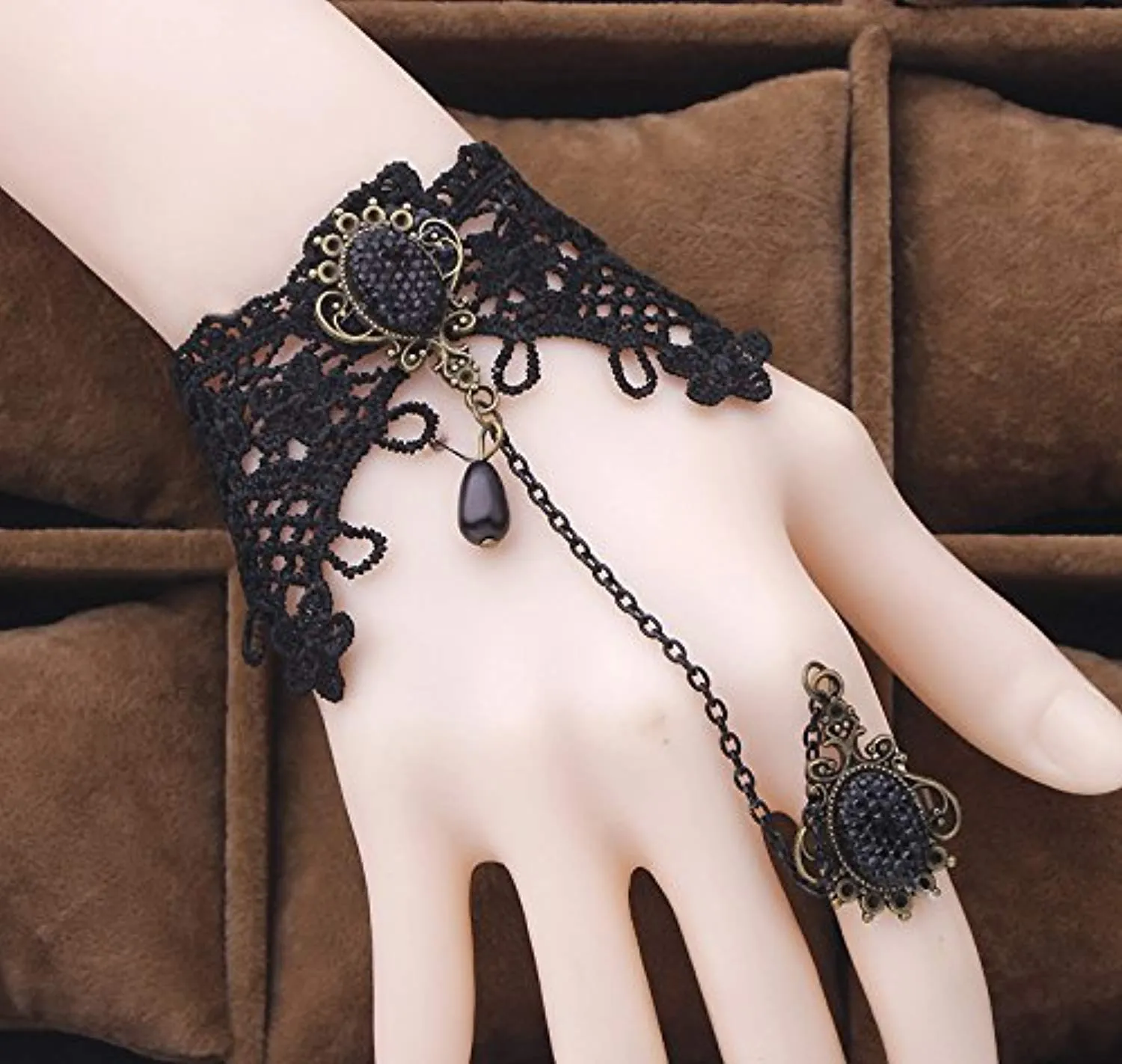 Electomania Black Lacy Hand Harness with Finger Ring Bracelet for Women