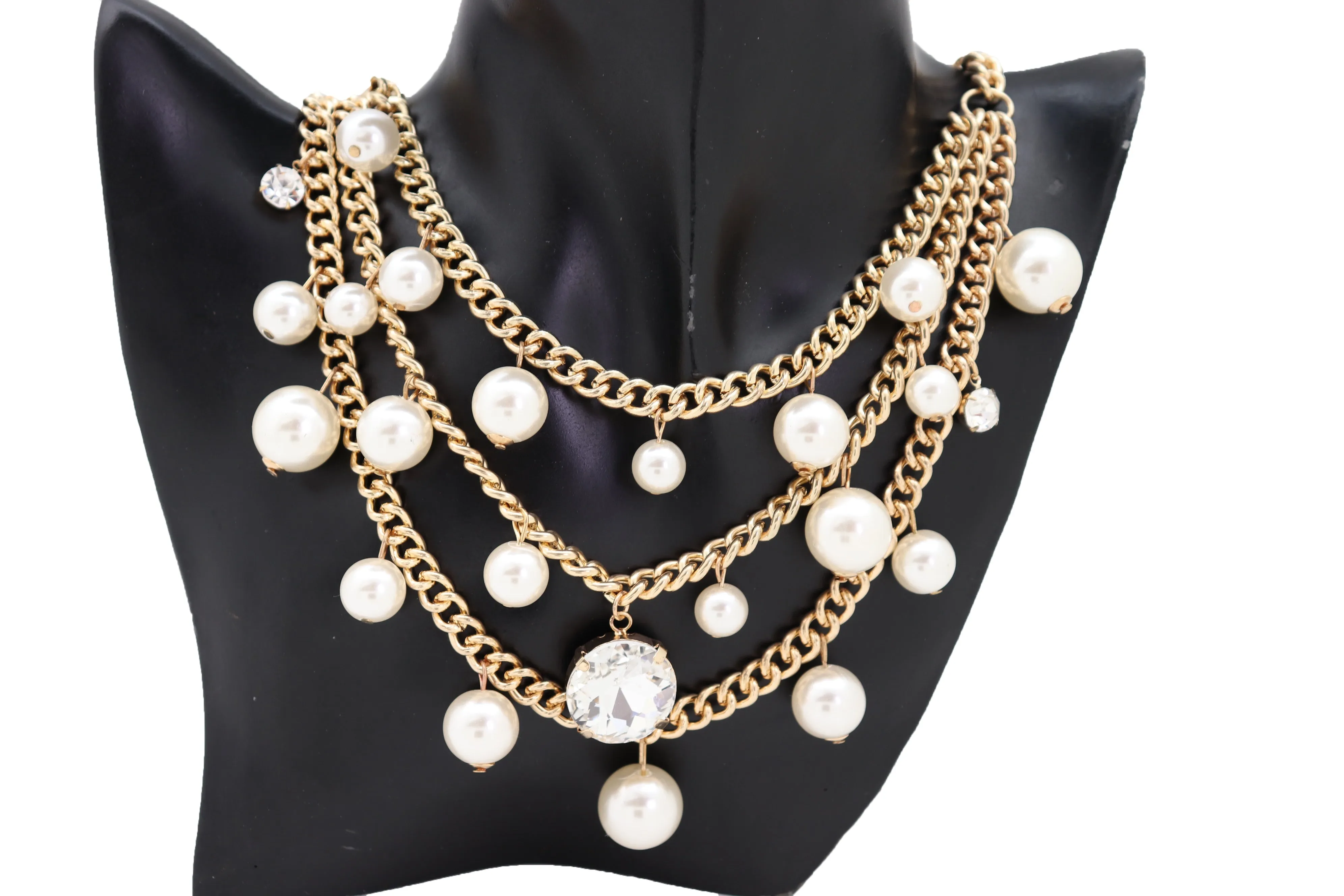 Fancy Gold Metal Chain Pearl Beads 3 Strands Long Necklace