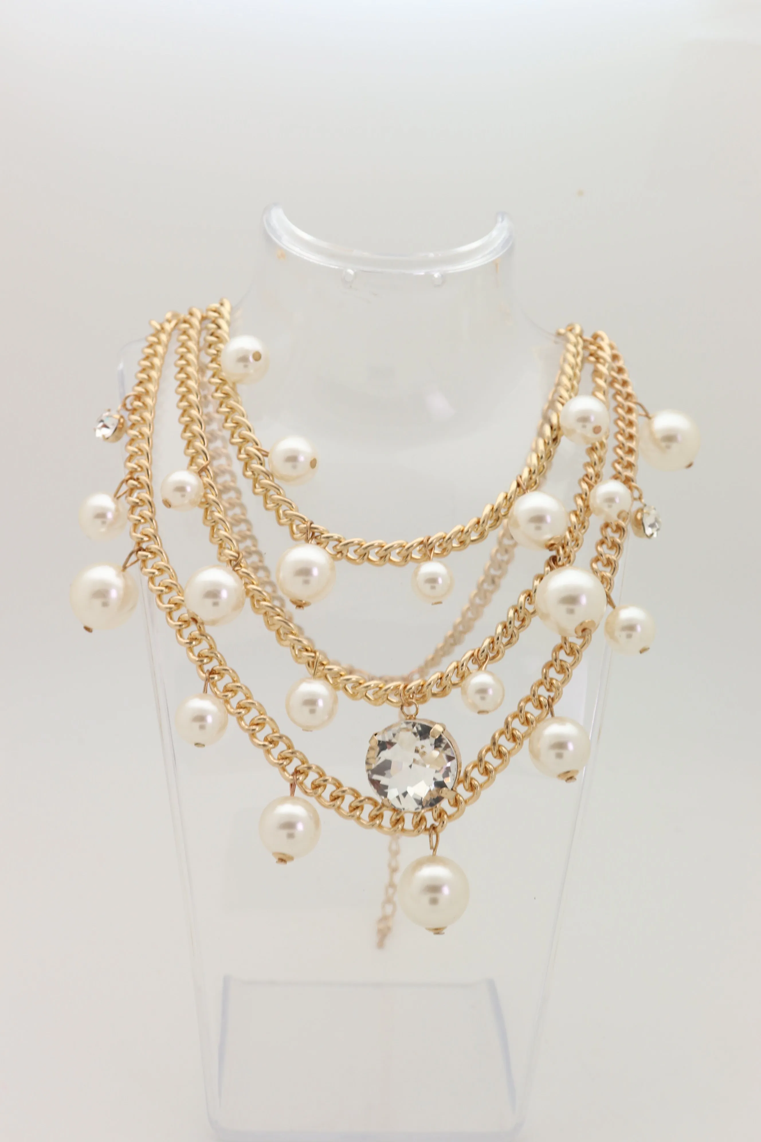 Fancy Gold Metal Chain Pearl Beads 3 Strands Long Necklace