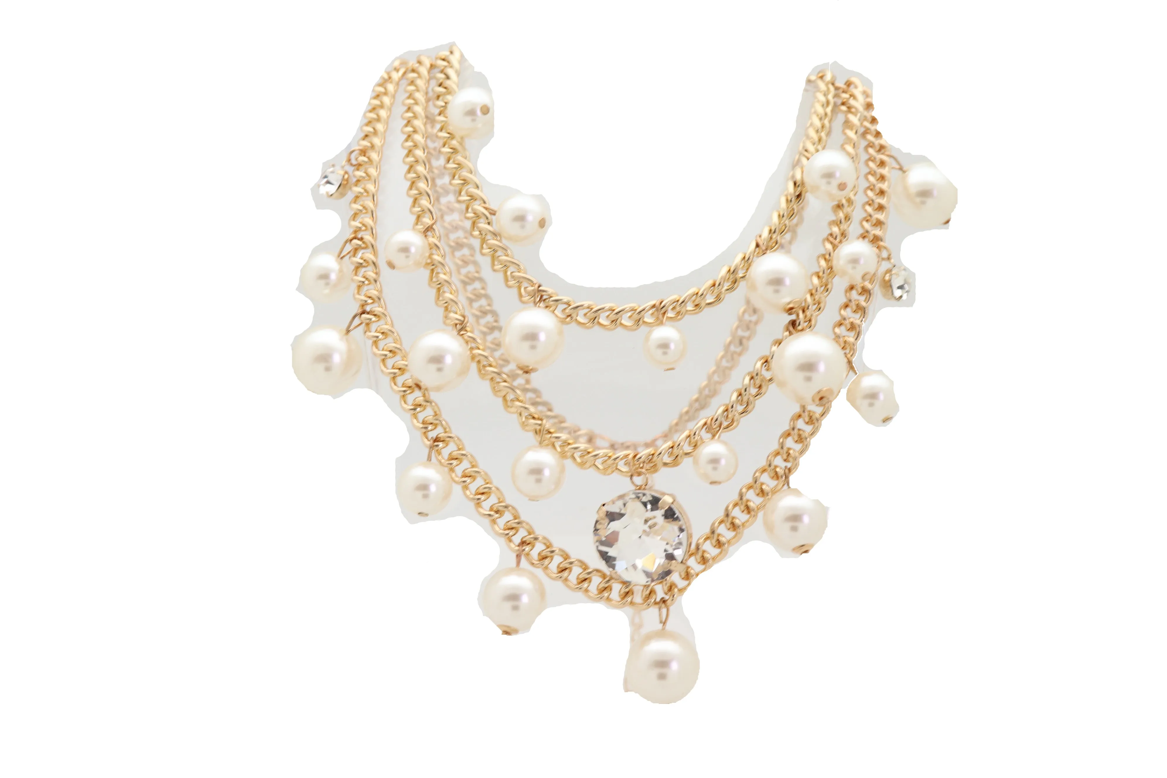 Fancy Gold Metal Chain Pearl Beads 3 Strands Long Necklace