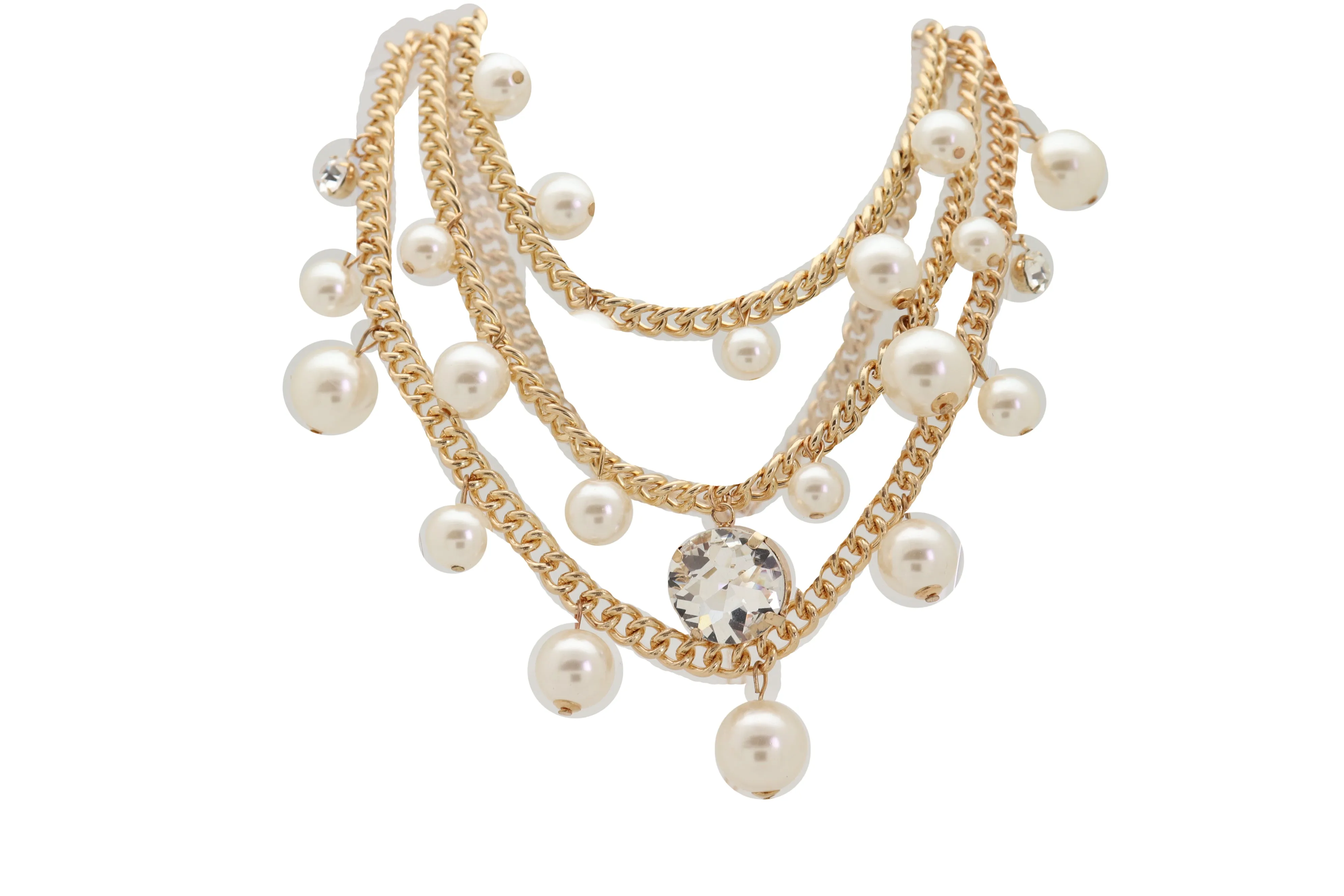 Fancy Gold Metal Chain Pearl Beads 3 Strands Long Necklace