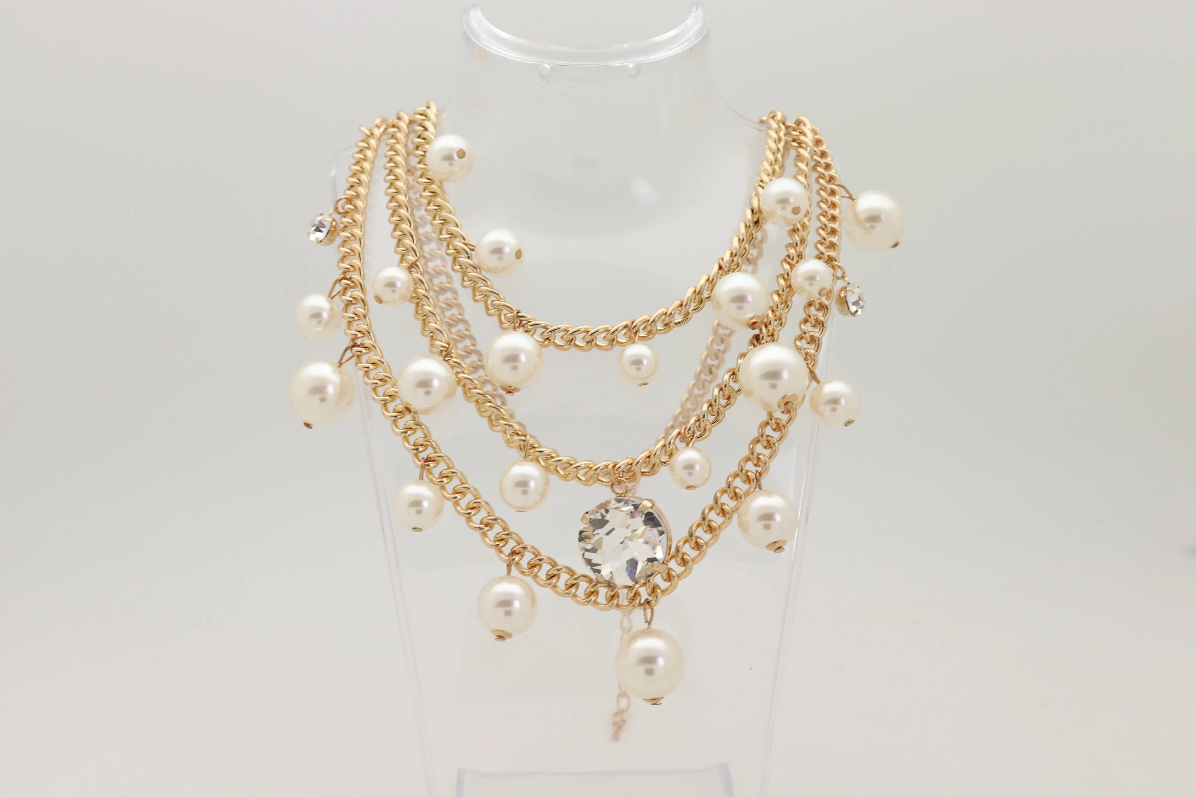 Fancy Gold Metal Chain Pearl Beads 3 Strands Long Necklace