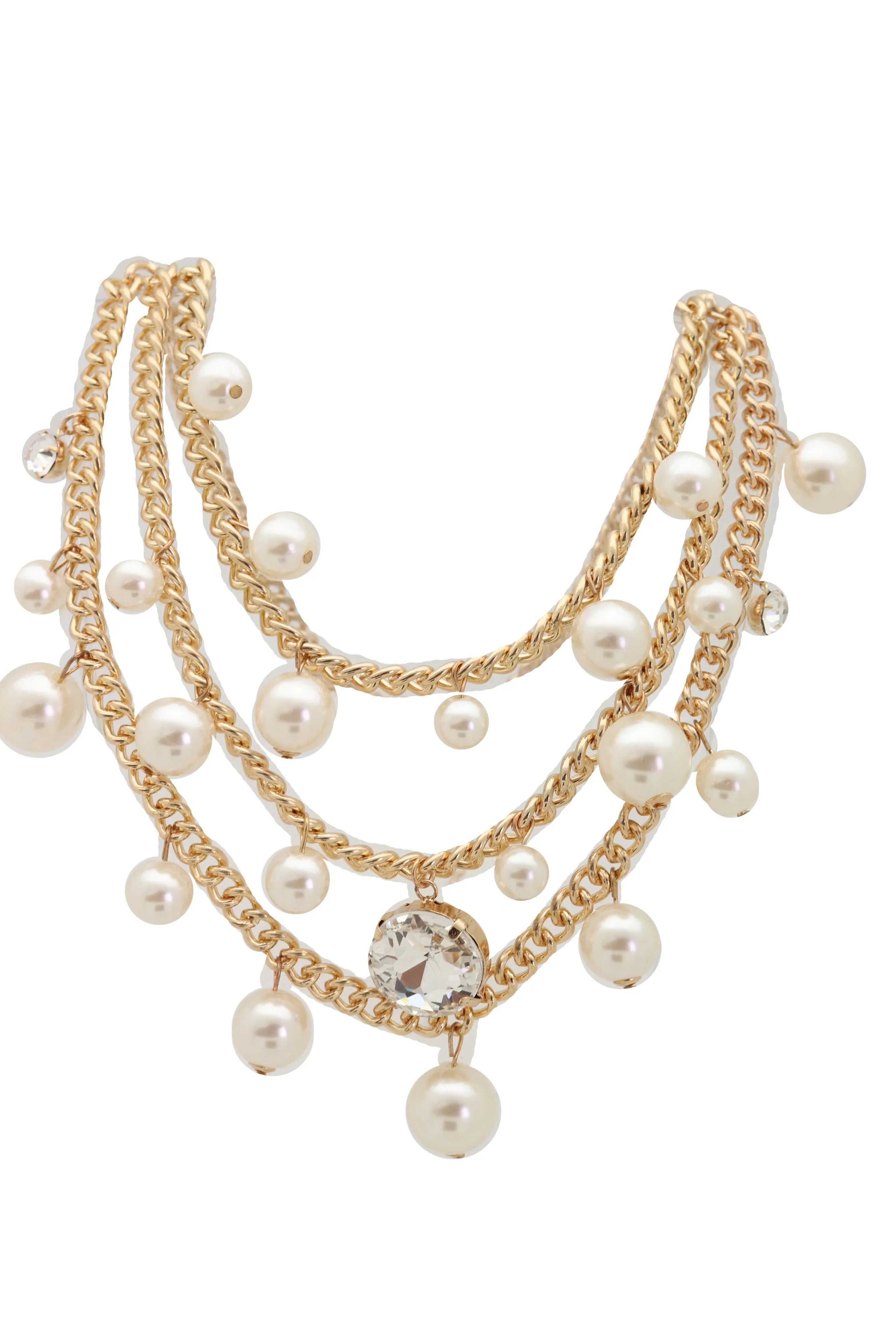 Fancy Gold Metal Chain Pearl Beads 3 Strands Long Necklace