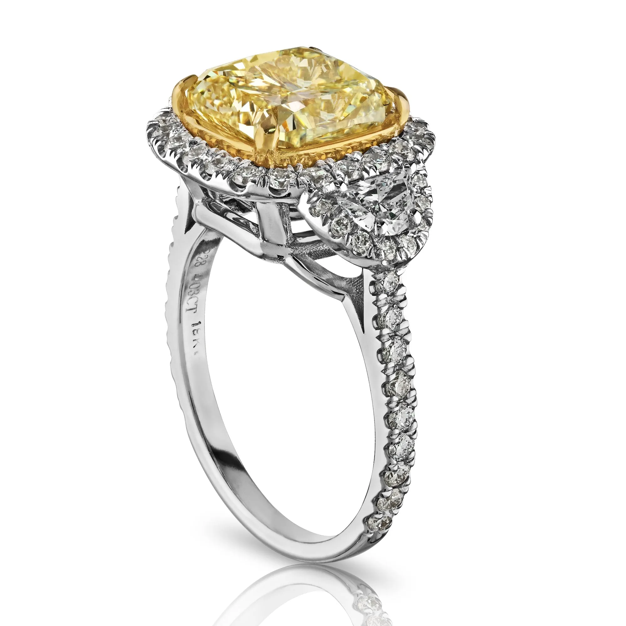 Fancy Light Yellow Diamond Ring with White Diamond Halo and Half-Moon Cuts, 4.03 CT