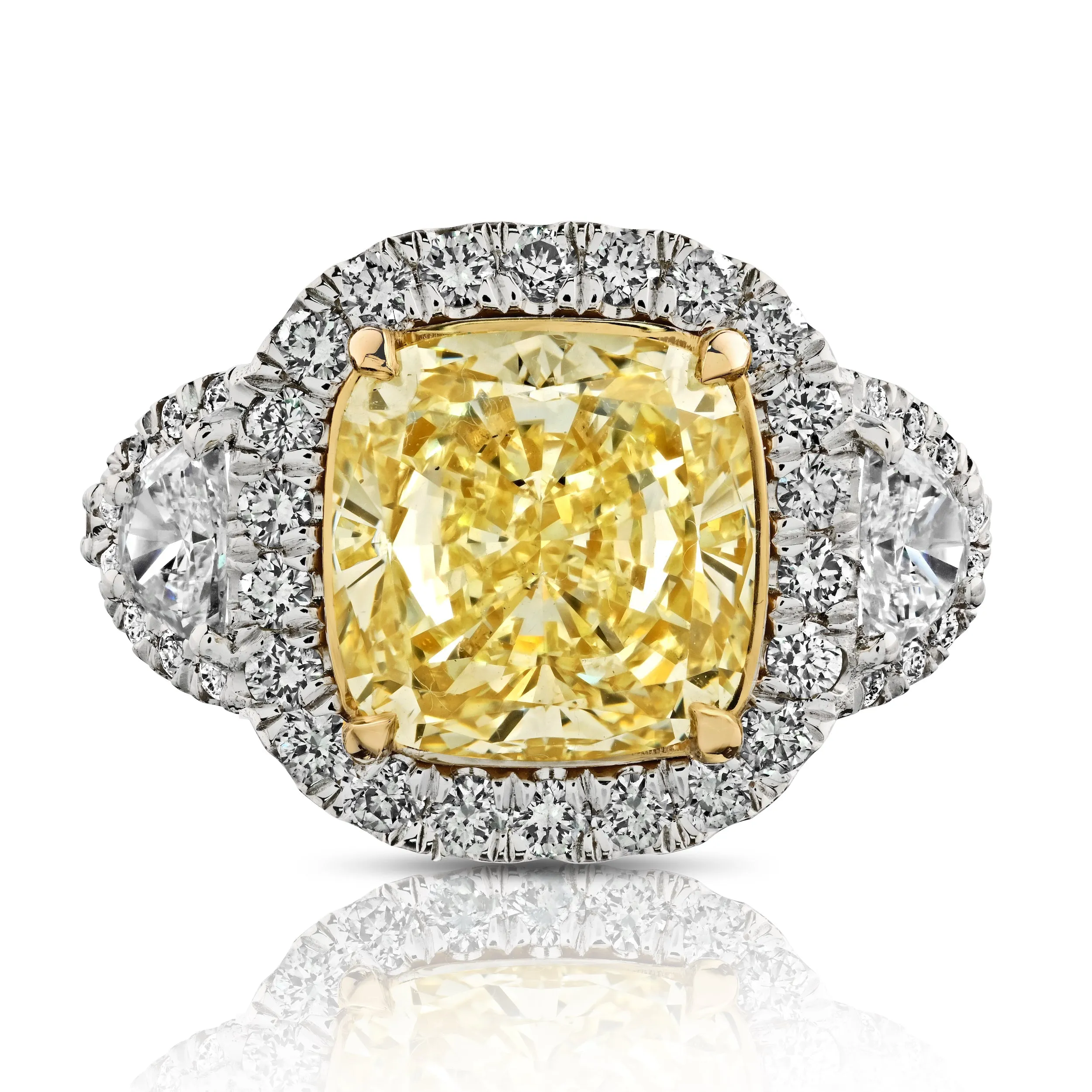 Fancy Light Yellow Diamond Ring with White Diamond Halo and Half-Moon Cuts, 4.03 CT