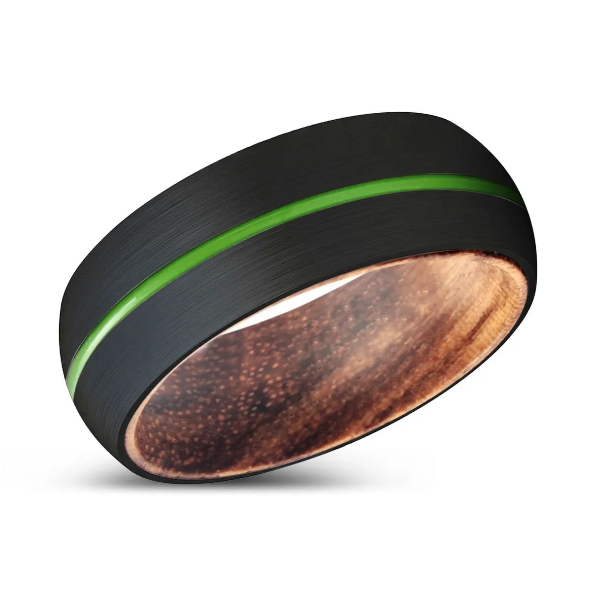 FLUFFY | Zebra Wood, Black Tungsten Ring, Green Groove, Domed