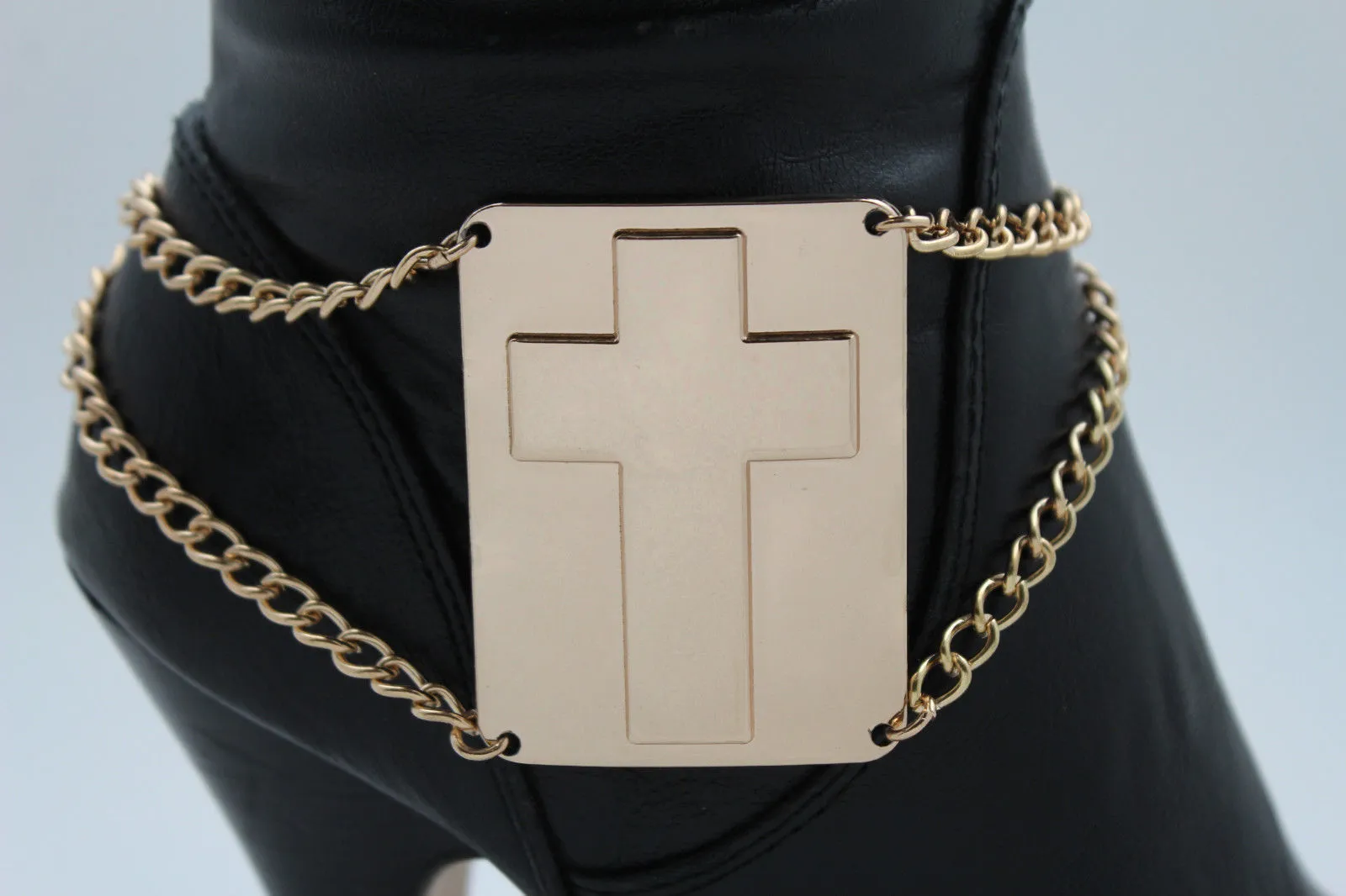 Gold Metal Boot Chain Links Bracelet Big Cross Plate Anklet Shoe Charm