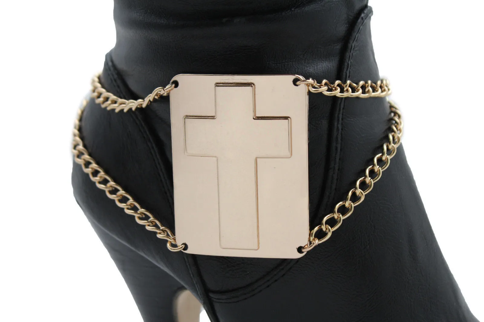 Gold Metal Boot Chain Links Bracelet Big Cross Plate Anklet Shoe Charm