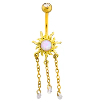 Gold PVD Fiery Sun White Opalite Dangle Chains Stainless Steel Belly Button Ring