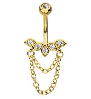 Gold PVD Petal Arch Clear CZ Double Dangle Chain Stainless Steel Belly Button Ring