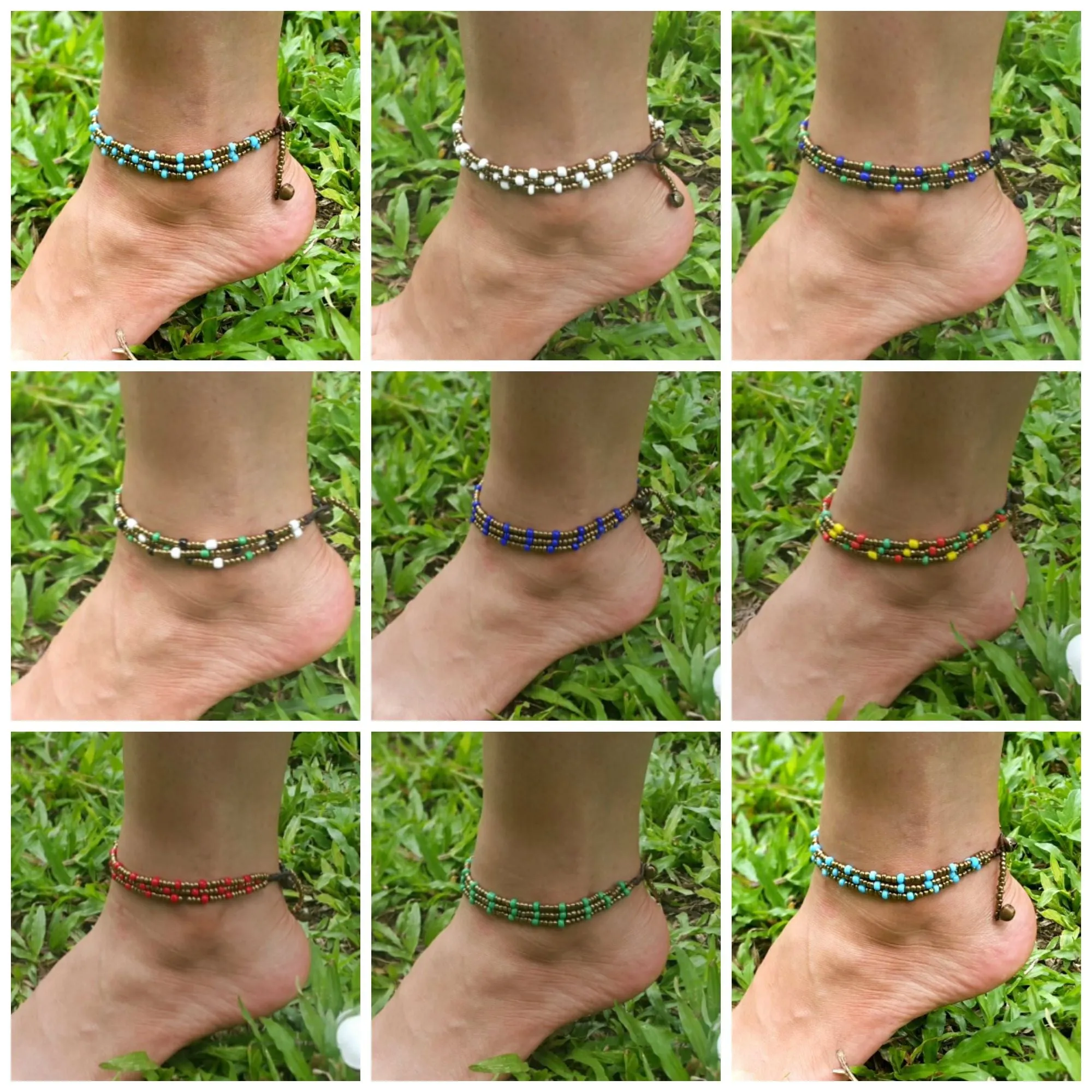 Hand Made Fair Trade Anklet Three Strand Brass Beads Blue