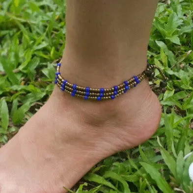 Hand Made Fair Trade Anklet Three Strand Brass Beads Blue