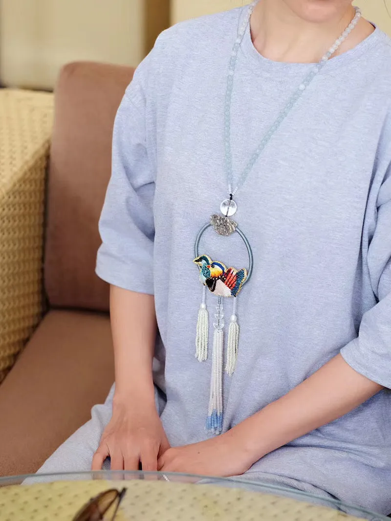 Hand mandarin ducks embroidery jade necklace sweater chain jewelry retro Chinese style