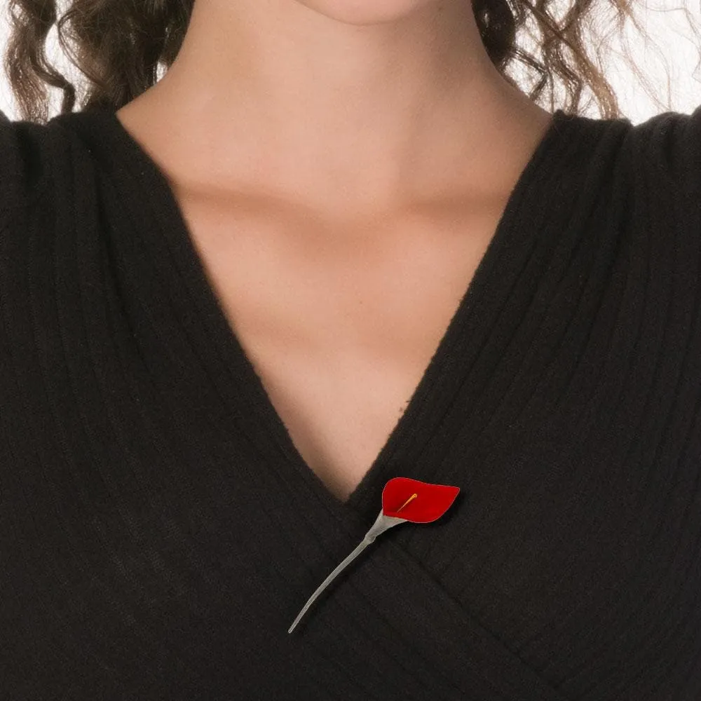 Handmade Black Plated Silver Red Lily Flower Brooch