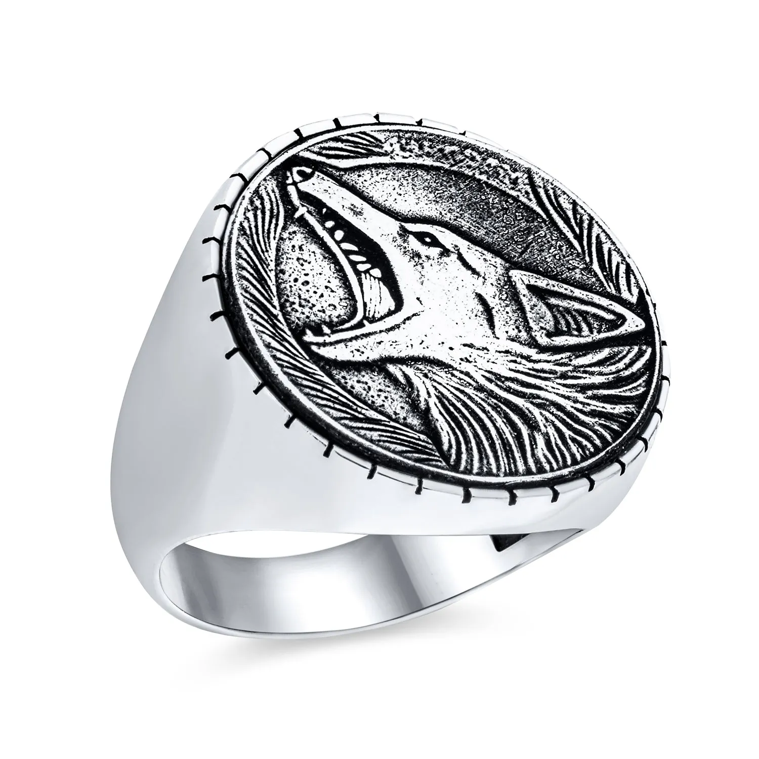 Hunter Wild Animal Mens Wolf Signet Coin Ring Oxidized .925 Sterling Silver