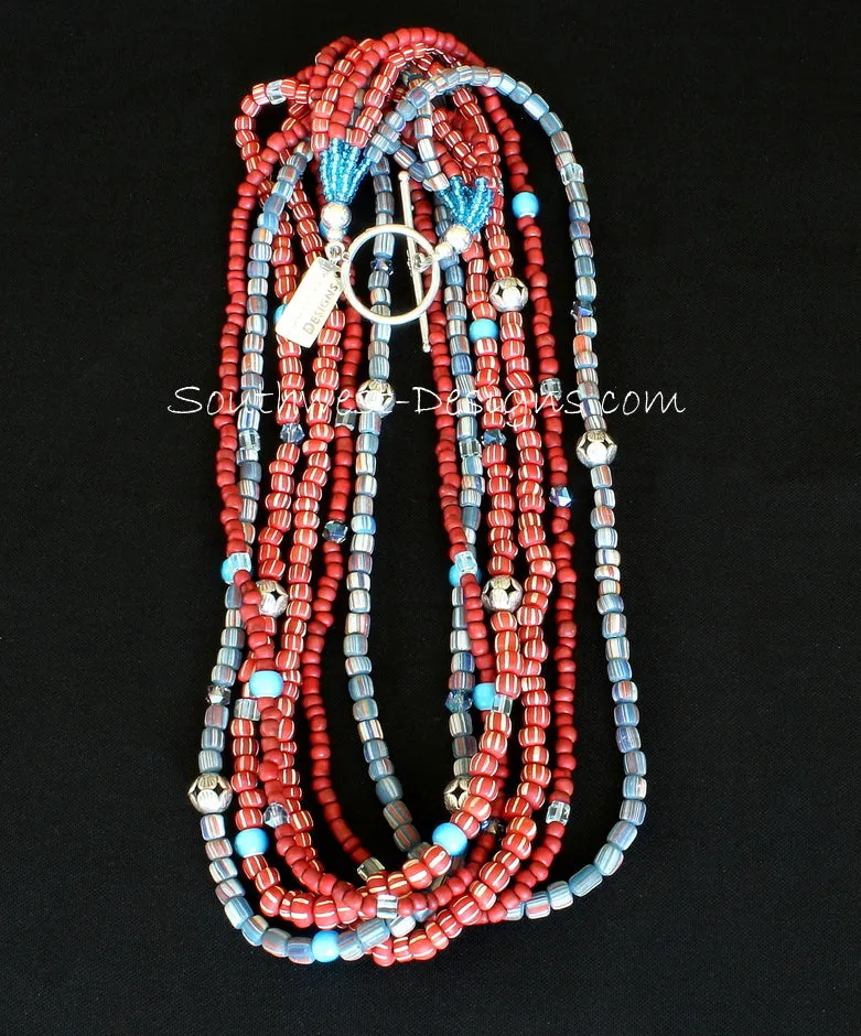 Indonesian Glass 6-Strand Necklace with White Heart Beads, Fire Polished Glass, Crystal Cubes and Sterling Silver