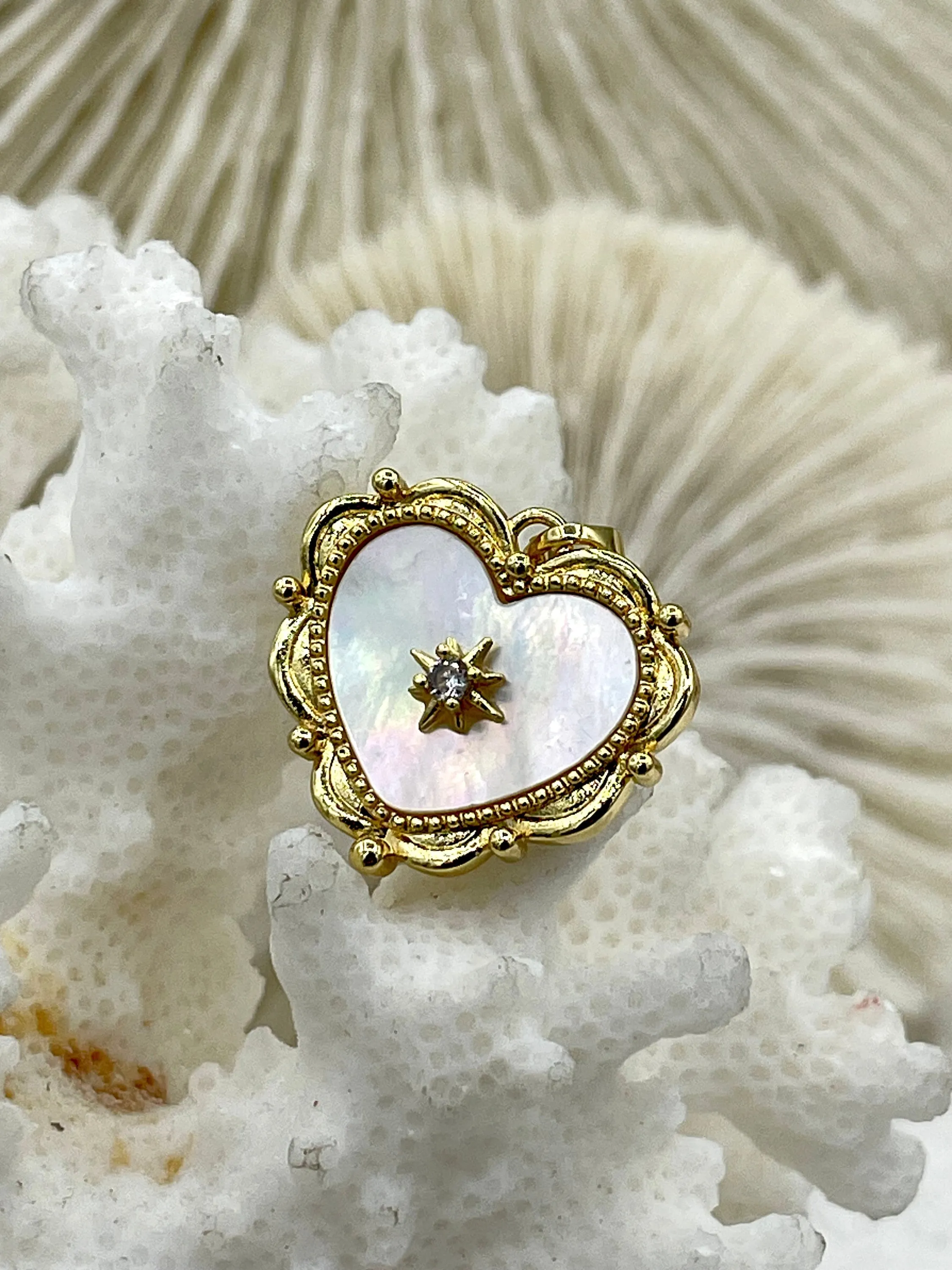 Mother of Pearl Heart Charm with CZ, 2 Colors, Gold or Silver, Plated Brass and Mother of Pearl, 18mm x 19.5mm. Fast Ship