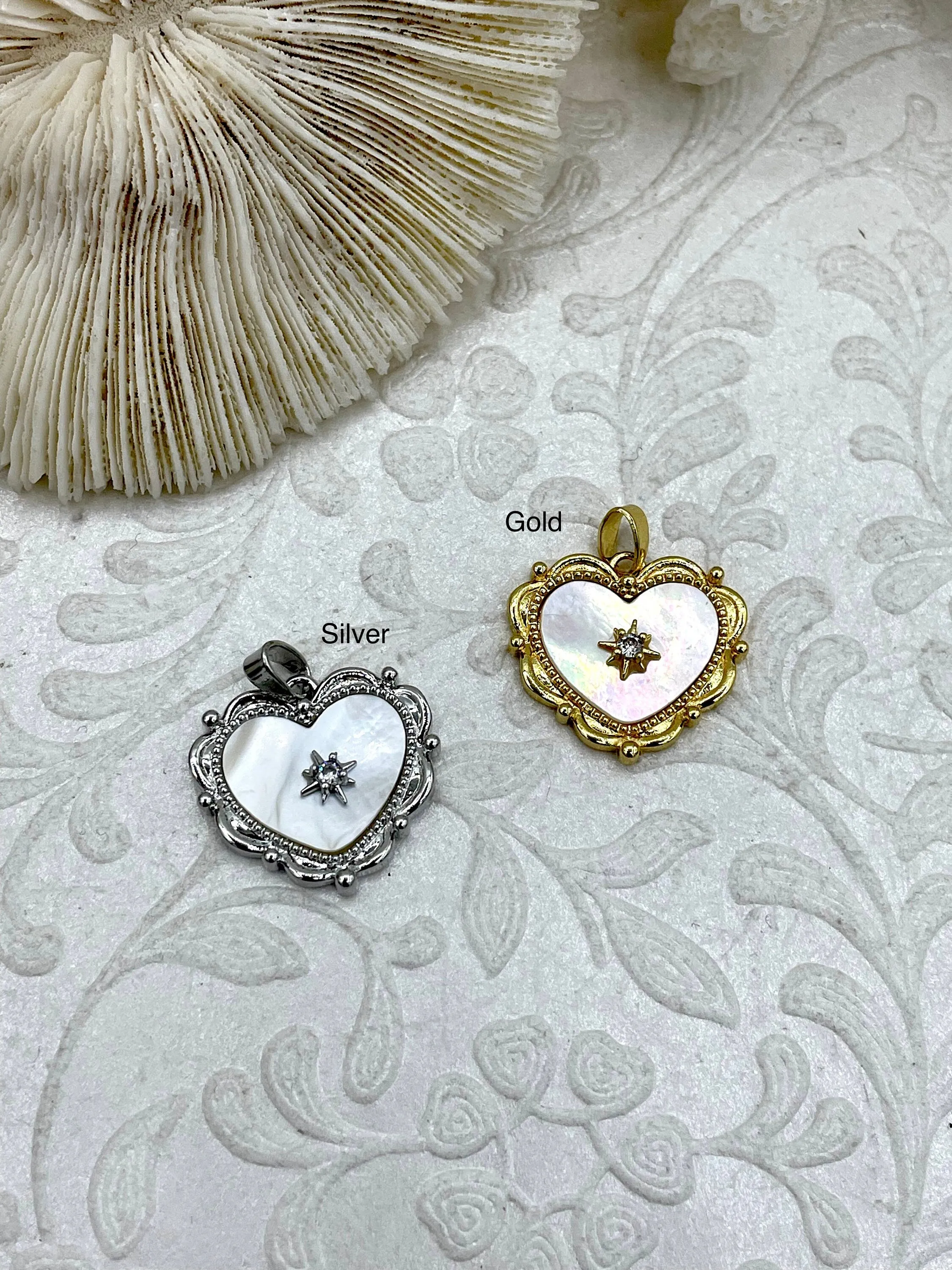 Mother of Pearl Heart Charm with CZ, 2 Colors, Gold or Silver, Plated Brass and Mother of Pearl, 18mm x 19.5mm. Fast Ship