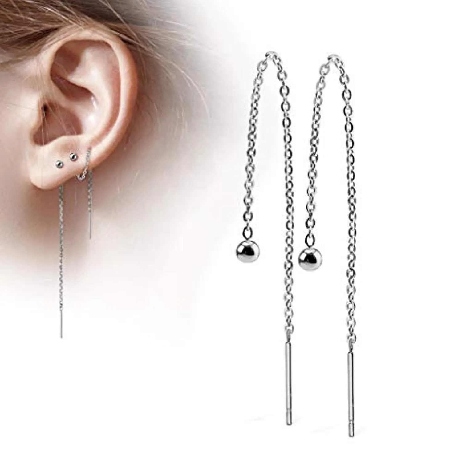 Pair of Chained Free Falling 3mm Ball and WildKlass Bar Stainless Steel Earring