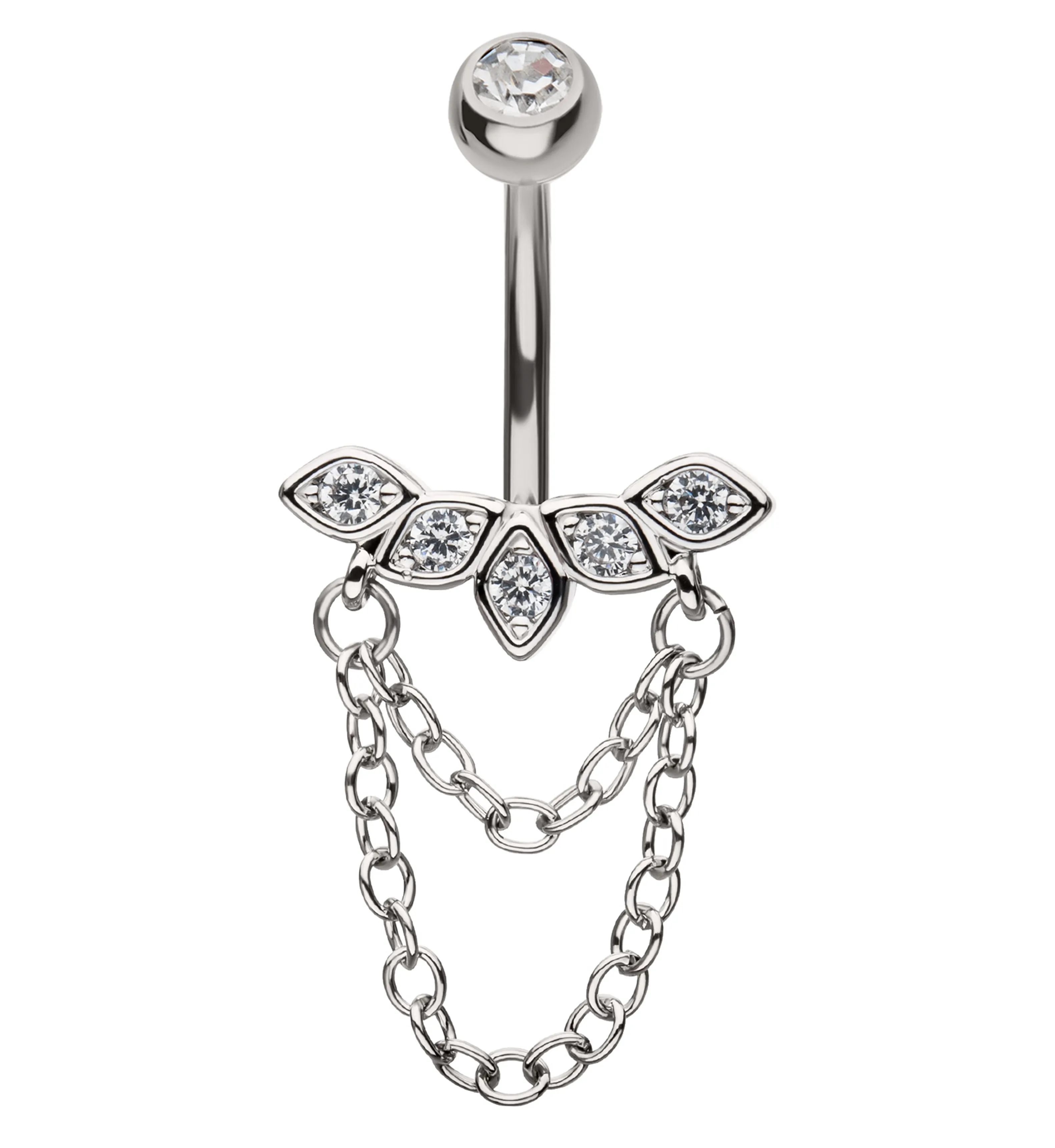 Petal Arch Clear CZ Double Dangle Chain Stainless Steel Belly Button Ring