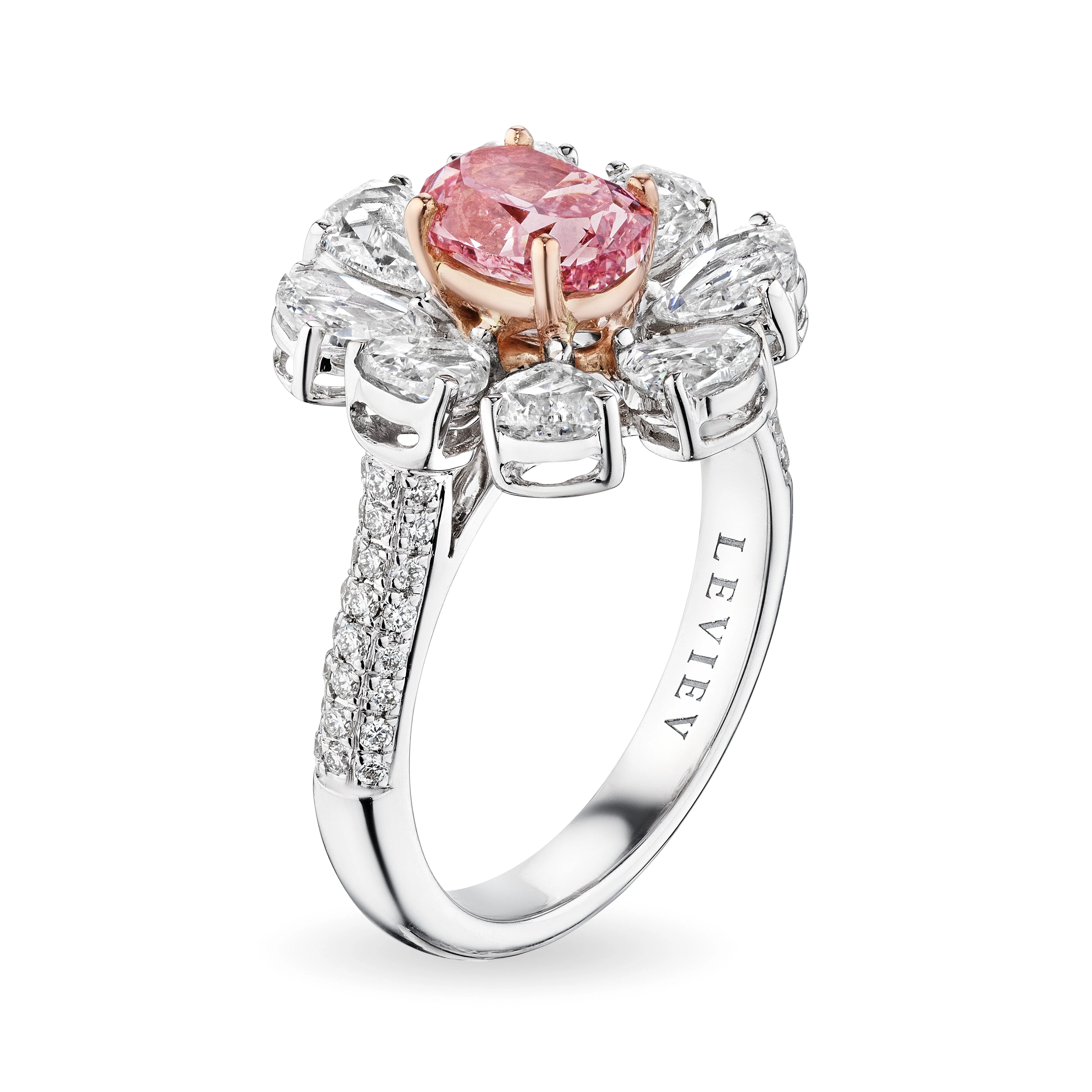 Pink Oval Cluster Diamond Flower Ring