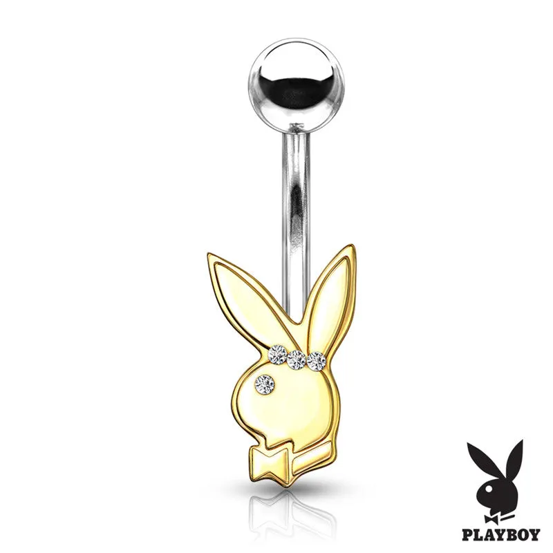 Playboy Bunny with Clear Gem Eye Belly Button Navel Ring - Gold