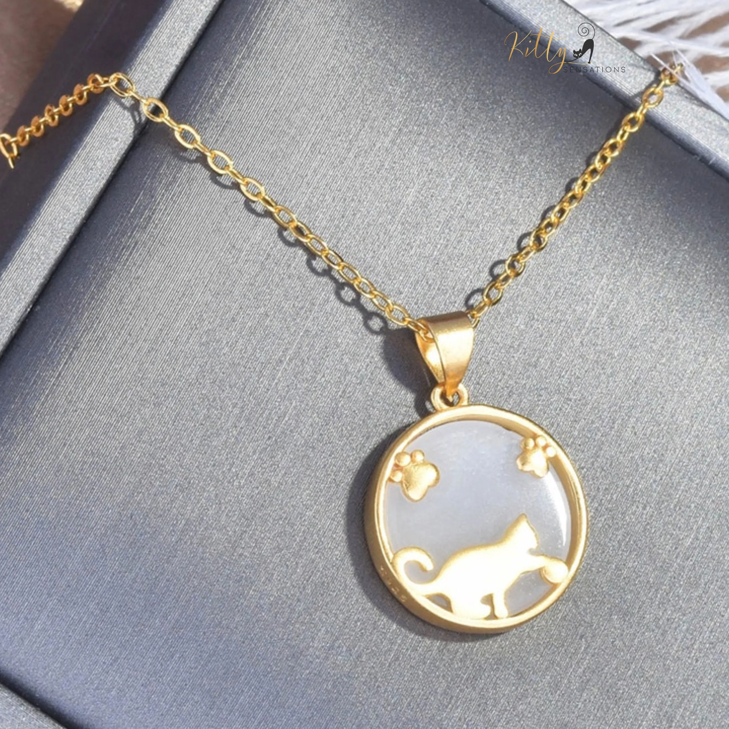 Playful Cat Natural Jade Necklace in Solid 925 Sterling Silver (Gold Plated)