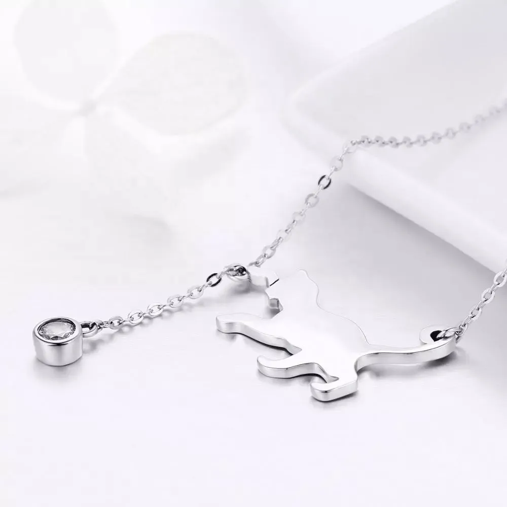 Playful Cat Necklace in Solid 925 Sterling Silver and Zircon