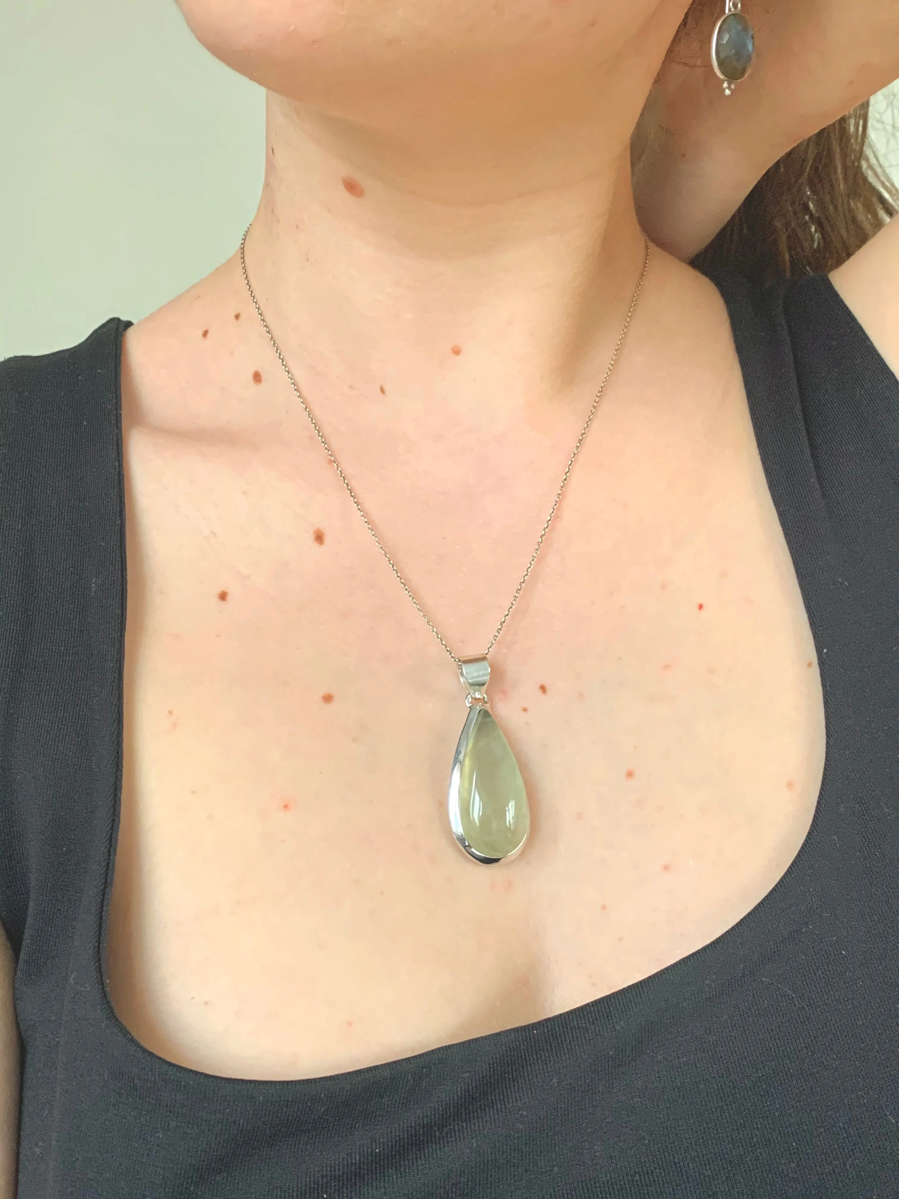 Prehnite with Epidote Ariel Pendant - Skinny Teardrop