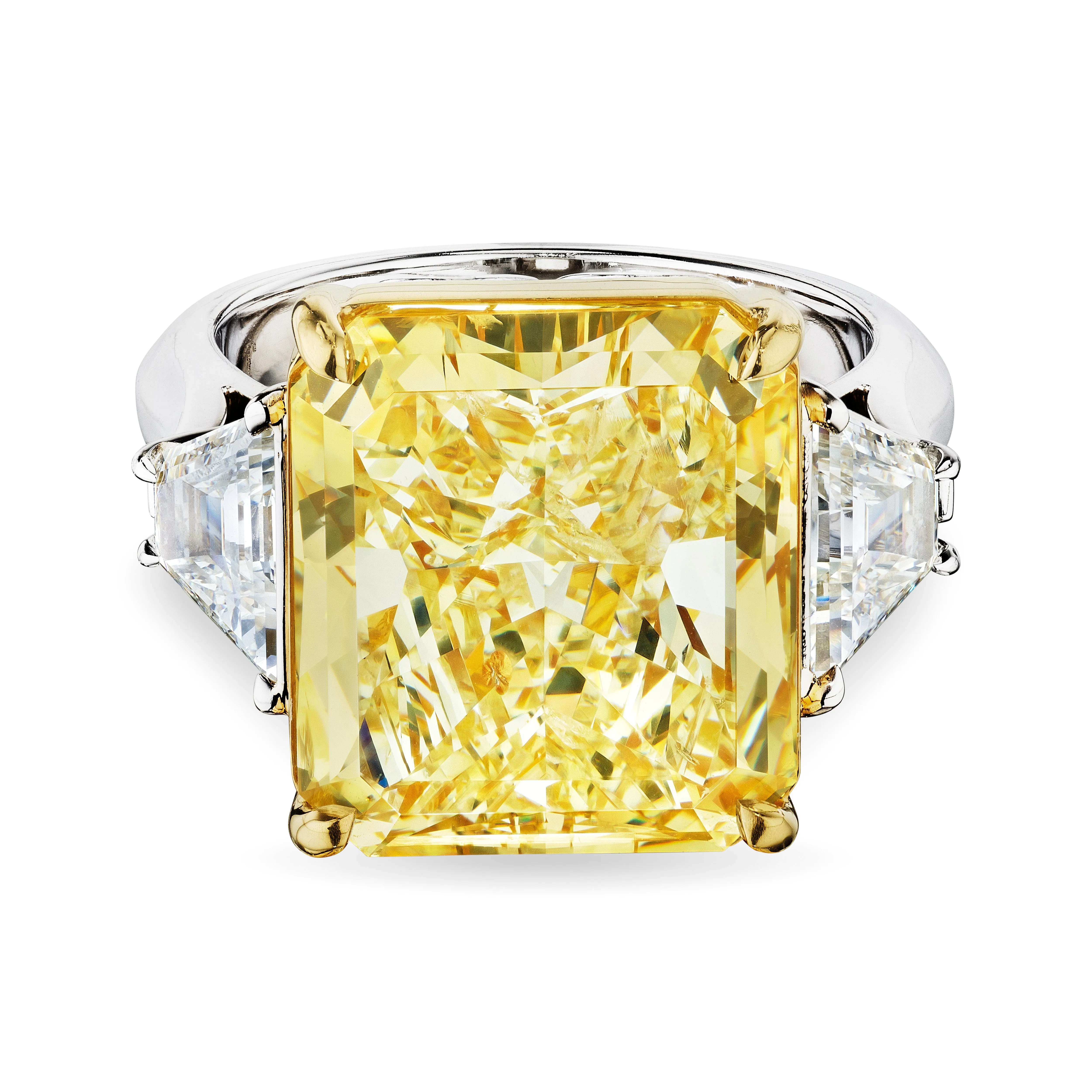 Radiant Cut Fancy Yellow Diamond Ring with Trapezoids, 14 CT