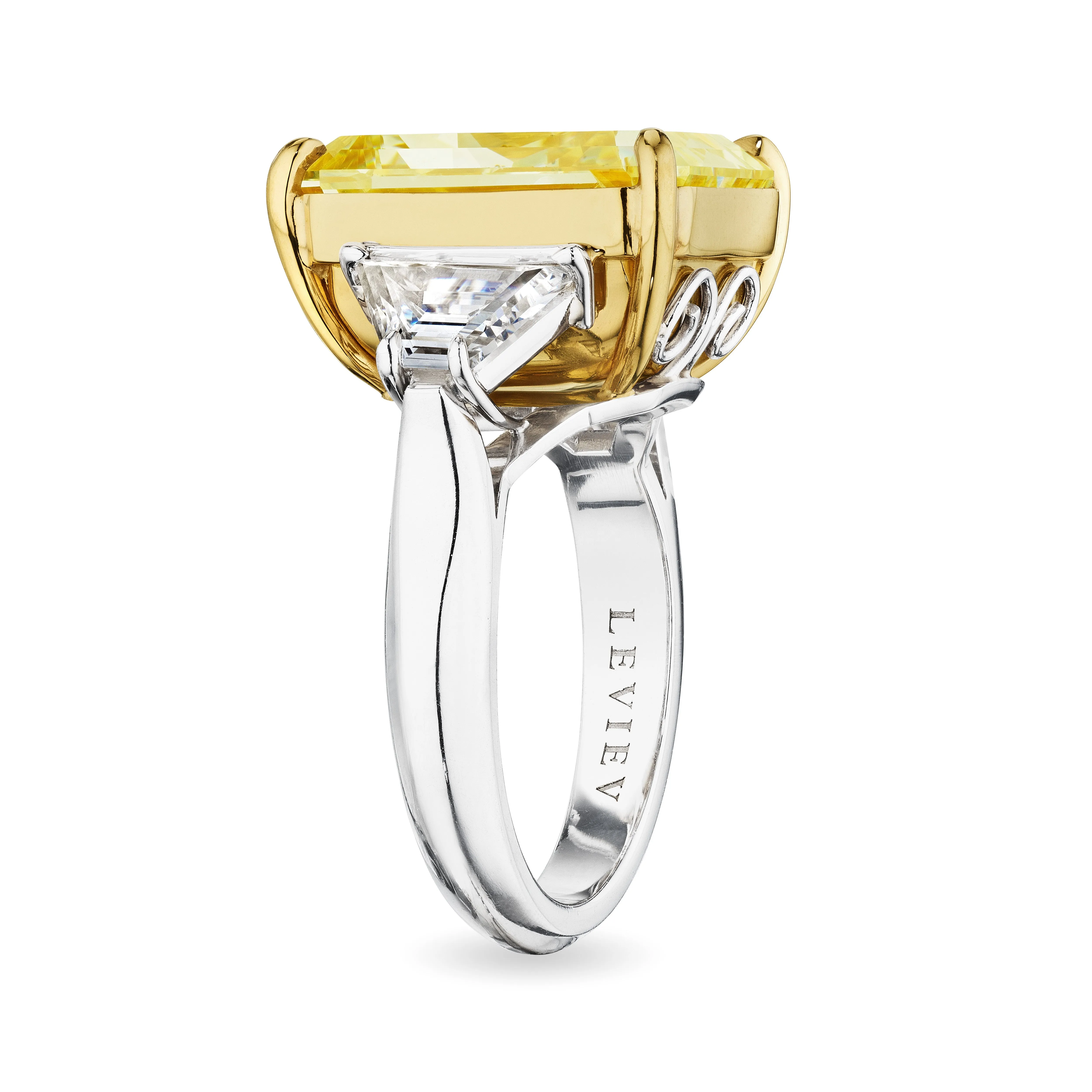 Radiant Cut Fancy Yellow Diamond Ring with Trapezoids, 14 CT