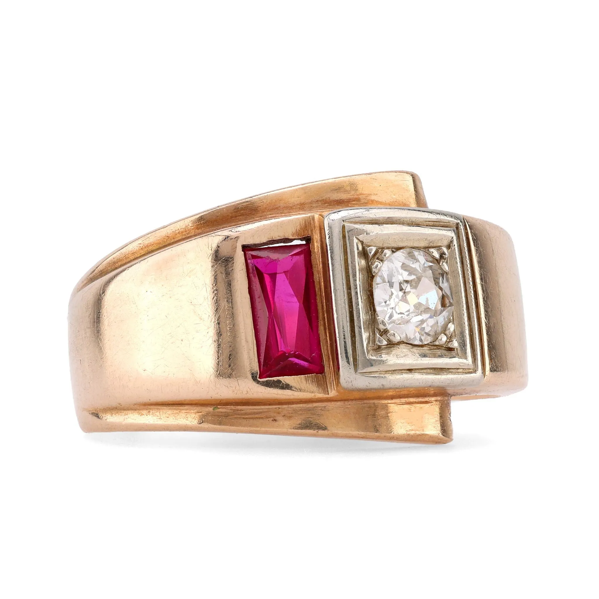 Retro Synthetic Ruby Diamond 14K Yellow Gold Band