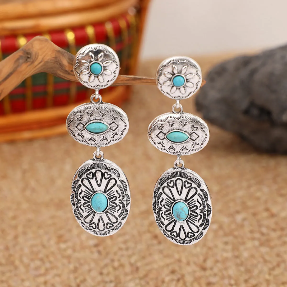 Retro Turquoise Oval Dangle Earrings - Ships from The US